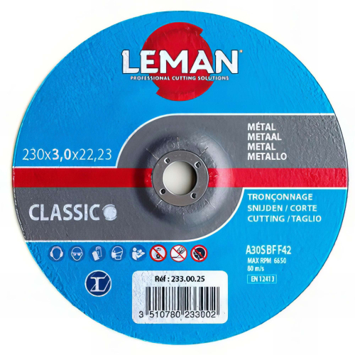 25 disques à tronçonner métal à moyeu déporté - D. 230 x Al. 22,23 x Ep. 3 mm - 233.00.25 - Leman