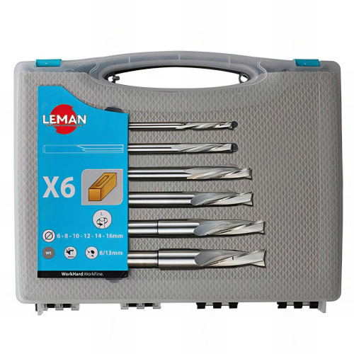 Coffret de 6 mèches à mortaiser hélicoïdales WS Q. 6 à 13 mm pour bois rotation à gauche - 322.500.01 - Leman