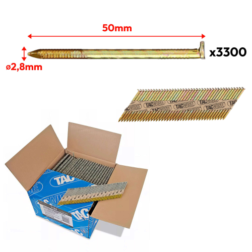 Boîte de 3300 clous, annelés extra galvanisés en bande papier 34° D. 2,8 x 50 mm - Tacwise - 1124