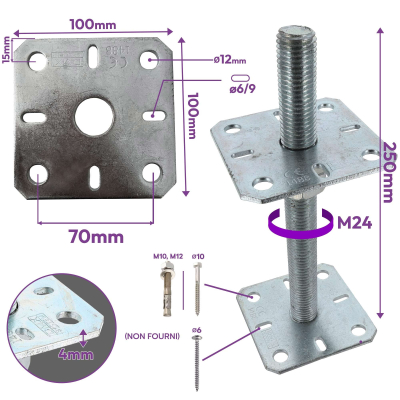 4 embases pied de poteau carrée réglable par vis - à visser - Platine 100x100mm - M24 - Acier galvanisé - Fabrication Europe 2