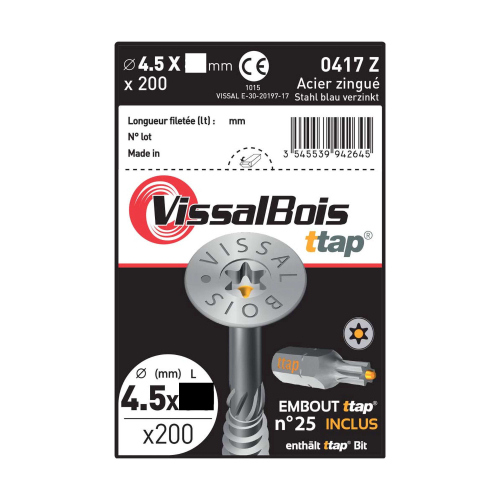 Boite de 200 vis agglo Torx 25 zinguées à filetage partiel torx/ttap ailette 60/70/80mm - diam 4.5 mm