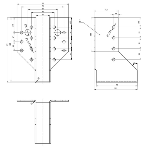 Sabot de charpente galvanisé à ailes extérieures - Larg. 25 x Ht. 118 mm