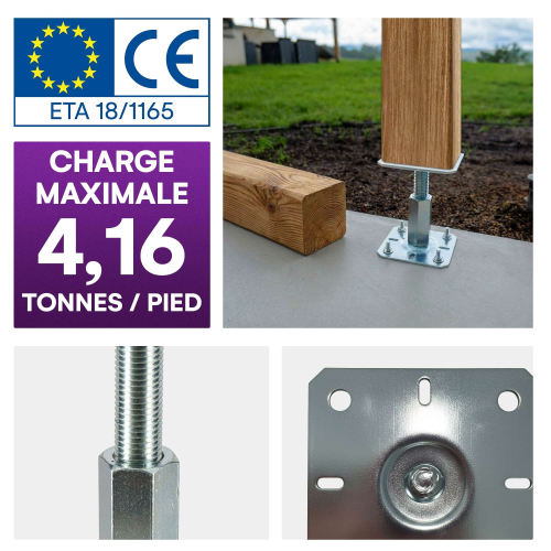 Embase pied de poteau carrée réglable - Platine 100x100 mm - Ht 100 à 150 mm - Acier galvanisé à chaud M20 - Fabrication Europe