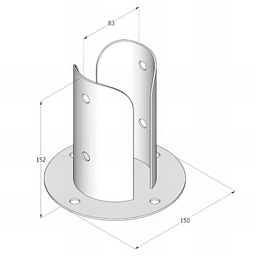 Pied de poteau fendu rond galvanisé à visser - 82 x 150 x 2,0 mm