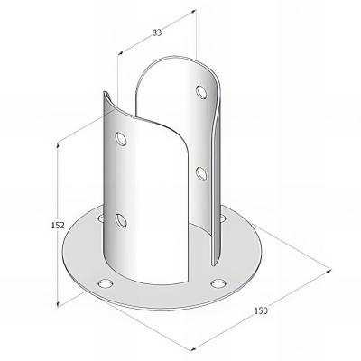 Pied de poteau fendu rond galvanisé à visser - 82 x 150 x 2,0 mm