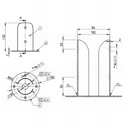 Pied de poteau fendu rond galvanisé à visser - 82 x 150 x 2,0 mm