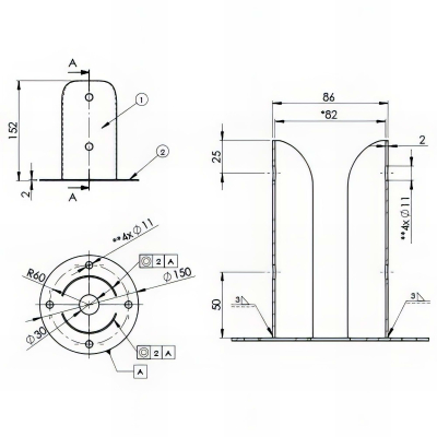 Pied de poteau fendu rond galvanisé à visser - 82 x 150 x 2,0 mm
