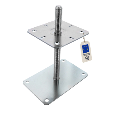 Embase Pied de poteau réglable - Fixation rectangulaire - Platine 140x80mm - M20 - Acier galvanisé - Fabrication Europe