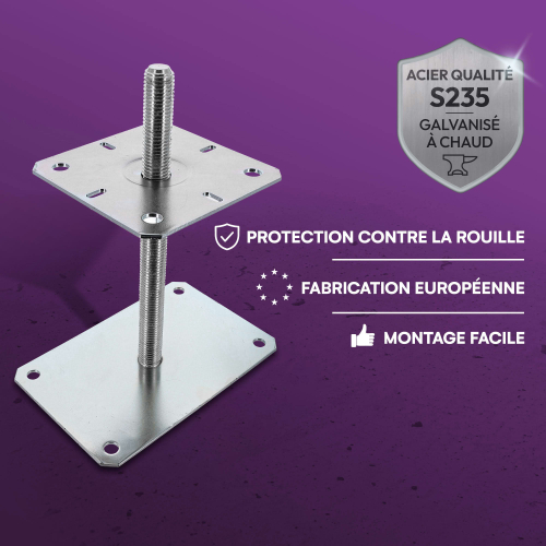Embase Pied de poteau réglable - Fixation rectangulaire - Platine 140x80mm - M20 - Acier galvanisé - Fabrication Europe