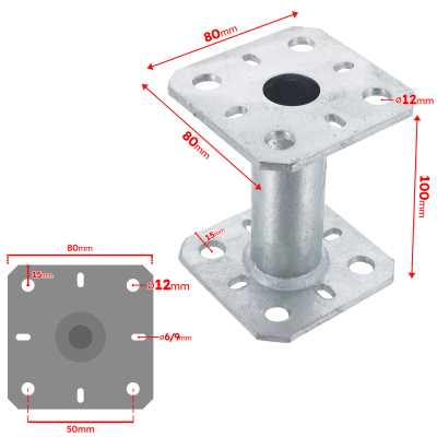 Pied de poteau à embase carré zingué à visser - 80 x 80 x 100 x 5,0 mm 2