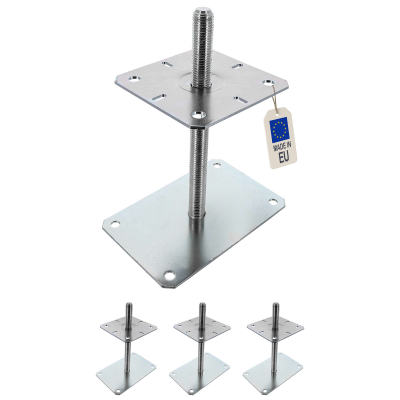 4 Embases Pied de poteau réglable - Fixation rectangulaire - Platine 140x80mm - M20 - Acier galvanisé - Fabrication Europe