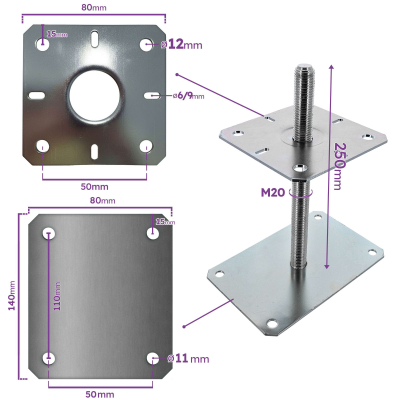 4 Embases Pied de poteau réglable - Fixation rectangulaire - Platine 140x80mm - M20 - Acier galvanisé - Fabrication Europe