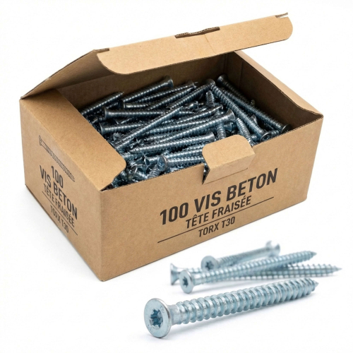 Lot de 100 Vis Béton tête fraisée Torx T30 - "turbo" spécial huisserie - diam. 7,5mm - Acier Zingué