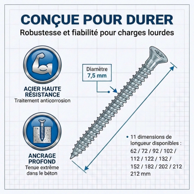 Lot de 100 Vis Béton tête fraisée Torx T30 - "turbo" spécial huisserie - diam. 7,5mm - Acier Zingué 2