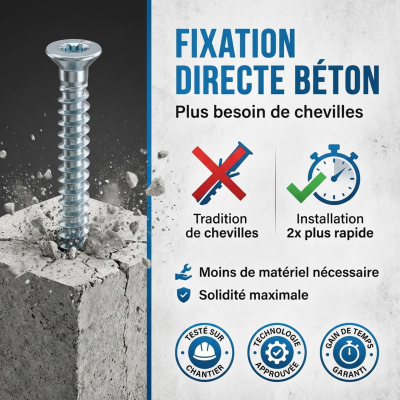 Lot de 100 Vis Béton tête fraisée Torx T30 - "turbo" spécial huisserie - diam. 7,5mm - Acier Zingué
