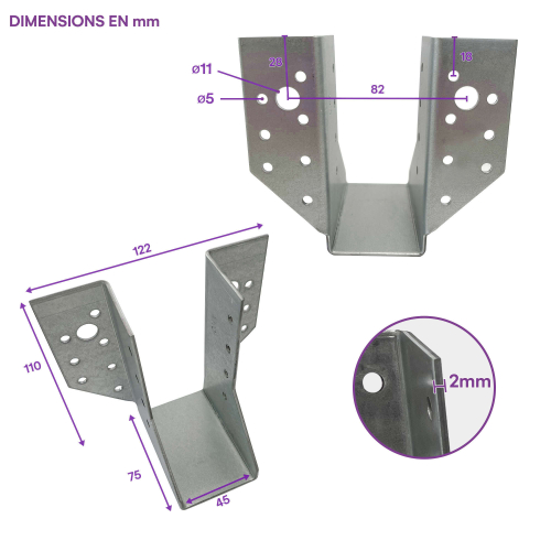 10 sabots de charpente à ailes extérieures - Connecteurs de poutres - Acier galvanisé - Larg 45 x Ht 110 mm - Fabriqué en Europe