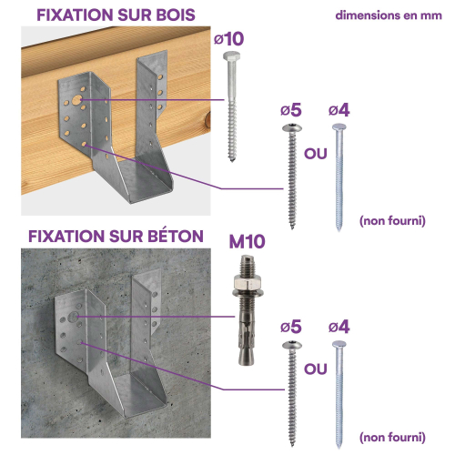 10 sabots de charpente à ailes extérieures - Connecteurs de poutres - Acier galvanisé - Larg 45 x Ht 110 mm - Fabriqué en Europe