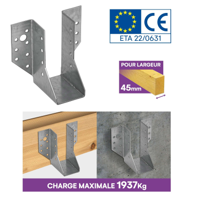 10 sabots de charpente à ailes extérieures - Connecteurs de poutres - Acier galvanisé - Larg 45 x Ht 110 mm - Fabriqué en Europe