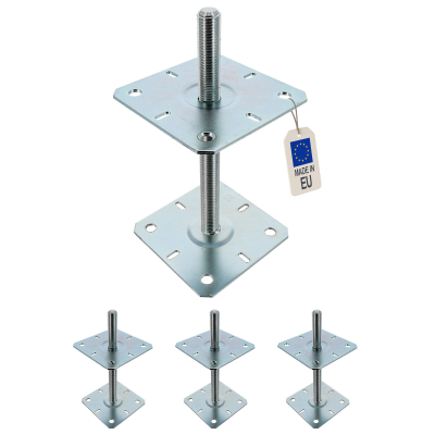 4 embases pied de poteau réglables - Platines 130x130mm - Filetage M20 - Acier galvanisé - Ht 250 mm - Fabriqué en Europe