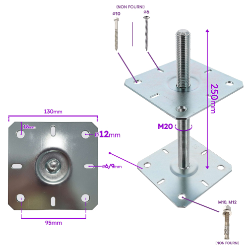 4 embases pied de poteau réglables - Platines 130x130mm - Filetage M20 - Acier galvanisé - Ht 250 mm - Fabriqué en Europe