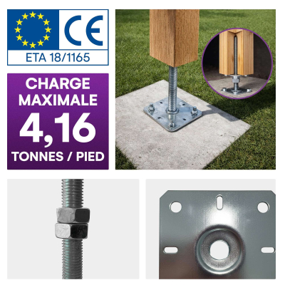 4 embases pied de poteau réglables - Platines 130x130mm - Filetage M20 - Acier galvanisé - Ht 250 mm - Fabriqué en Europe