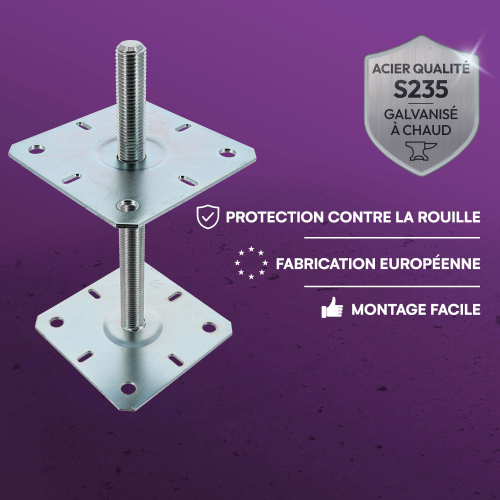 4 embases pied de poteau réglables - Platines 130x130mm - Filetage M20 - Acier galvanisé - Ht 250 mm - Fabriqué en Europe