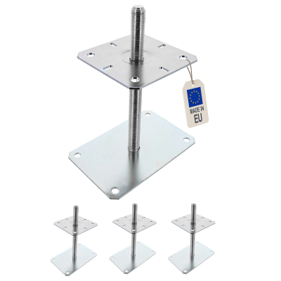 4 Embases Pied de poteau réglable - Fixation rectangulaire - Platine 130x200mm  - M20 - Acier galvanisé - Fabrication Europe