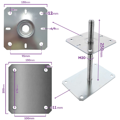 4 Embases Pied de poteau réglable - Fixation rectangulaire - Platine 130x200mm  - M20 - Acier galvanisé - Fabrication Europe 2
