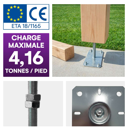 4 Embases Pied de poteau réglable - Fixation rectangulaire - Platine 130x200mm  - M20 - Acier galvanisé - Fabrication Europe