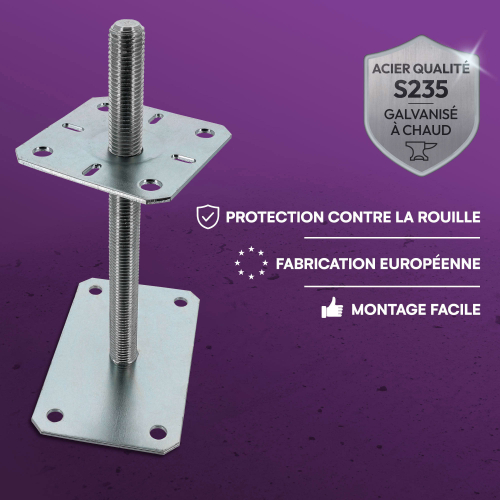 4 Embases Pied de poteau réglable - Fixation rectangulaire - Platine 130x200mm  - M20 - Acier galvanisé - Fabrication Europe