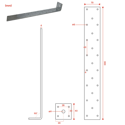 10 équerres d'ancrage béton - Acier galvanisé - Équerres à béton - Ht 300mm - Platine 43x40 mm - Epais 4mm - Fabrication Europe
