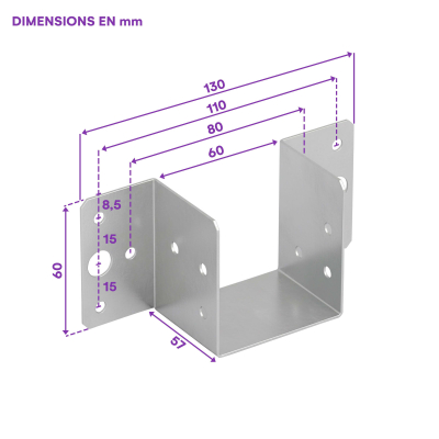 10 sabots de charpente à ailes extérieures - Connecteurs de poutres - Acier galvanisé - Larg 60 x Ht 60 mm - Fabriqué en Europe