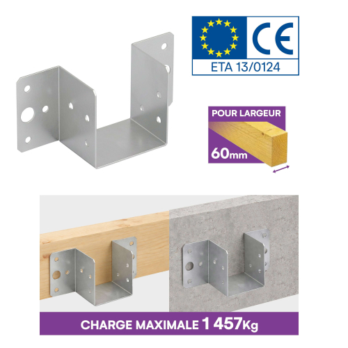10 sabots de charpente à ailes extérieures - Connecteurs de poutres - Acier galvanisé - Larg 60 x Ht 60 mm - Fabriqué en Europe