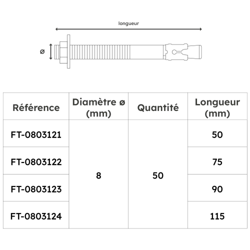 Lot de 50 goujons d'ancrage M8 en Acier Inoxydable A2 - Diamètre 8 mm