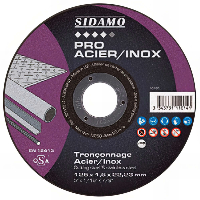 Disque à tronçonner PRO ACIER INOX D. 125 x 1,6 x Al. 22,23 mm - Acier, Inox - 10111014 - Sidamo