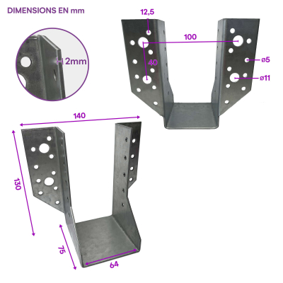10 sabots de charpente à ailes extérieures - Connecteurs de poutres - Acier galvanisé - Larg 64 x Ht 130 mm - Fabriqué en Europe