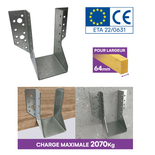 10 sabots de charpente à ailes extérieures - Connecteurs de poutres - Acier galvanisé - Larg 64 x Ht 130 mm - Fabriqué en Europe