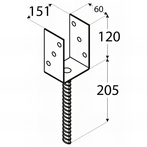 Pied de poteau lourd en U zingué à ancrer - 151 x 120 x 4 mm