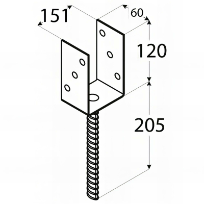 Pied de poteau lourd en U zingué à ancrer - 151 x 120 x 4 mm