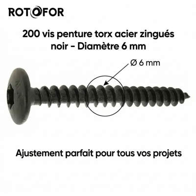 200 vis penture torx acier zingués noir - diamètre de 6 mm