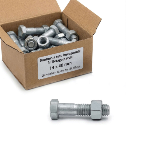 Boulon tête hexagonale F/Partiel 14 x 40 mm Galvanisé - Boite de 50 pcs