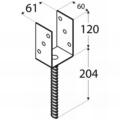 Pied de poteau lourd en U zingué à ancrer - 61 x 120 x 4 mm