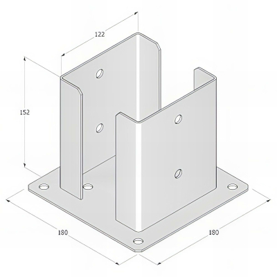 Pied de poteau fendu carré galvanisé à visser - 122 x 150 x 2,5 mm