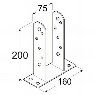 Embase pied de poteau en TT zinguée à visser - 75 x 200 x 50 x 4,0 mm