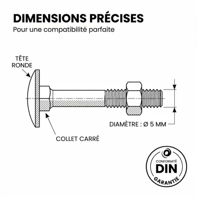 200 Boulons tête ronde collet carré DIN603/555 acier zingués Noir 5 X30 2