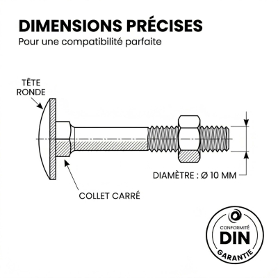 100 Boulons tête ronde collet carré DIN603/555 acier zingués blanc diamètre 10,0 mm 2