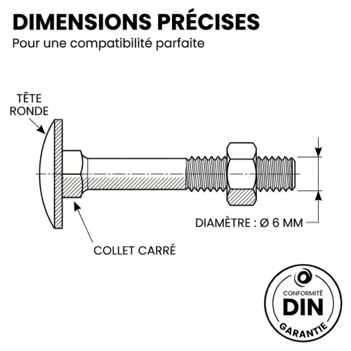 100 Boulons tête ronde collet carré DIN603/555 acier zingués Noir - diamètre 6,0 mm