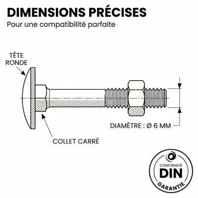 100 Boulons tête ronde collet carré DIN603/555 acier zingués Noir - diamètre 6,0 mm