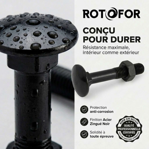 100 Boulons tête ronde collet carré DIN603/555 acier zingués Noir - diamètre 6,0 mm