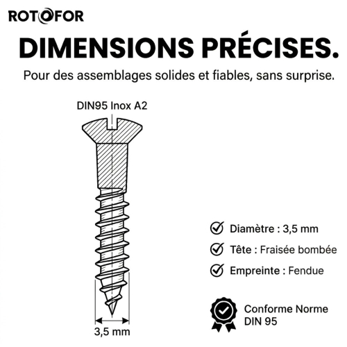 200 Vis Bois tête fraisée bombée fendue DIN95 A2 - diamètre 3,5 mm